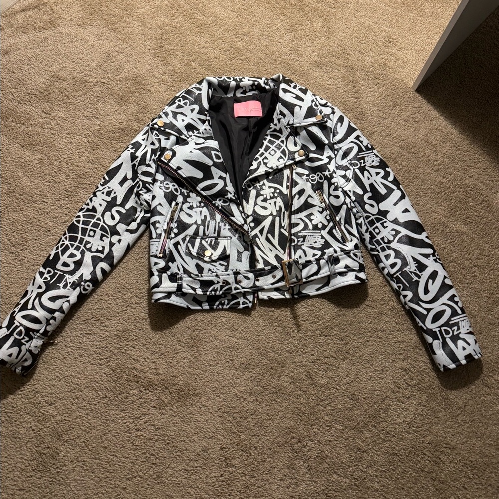 AKIRA Monochrome Graphic Leather Jacket